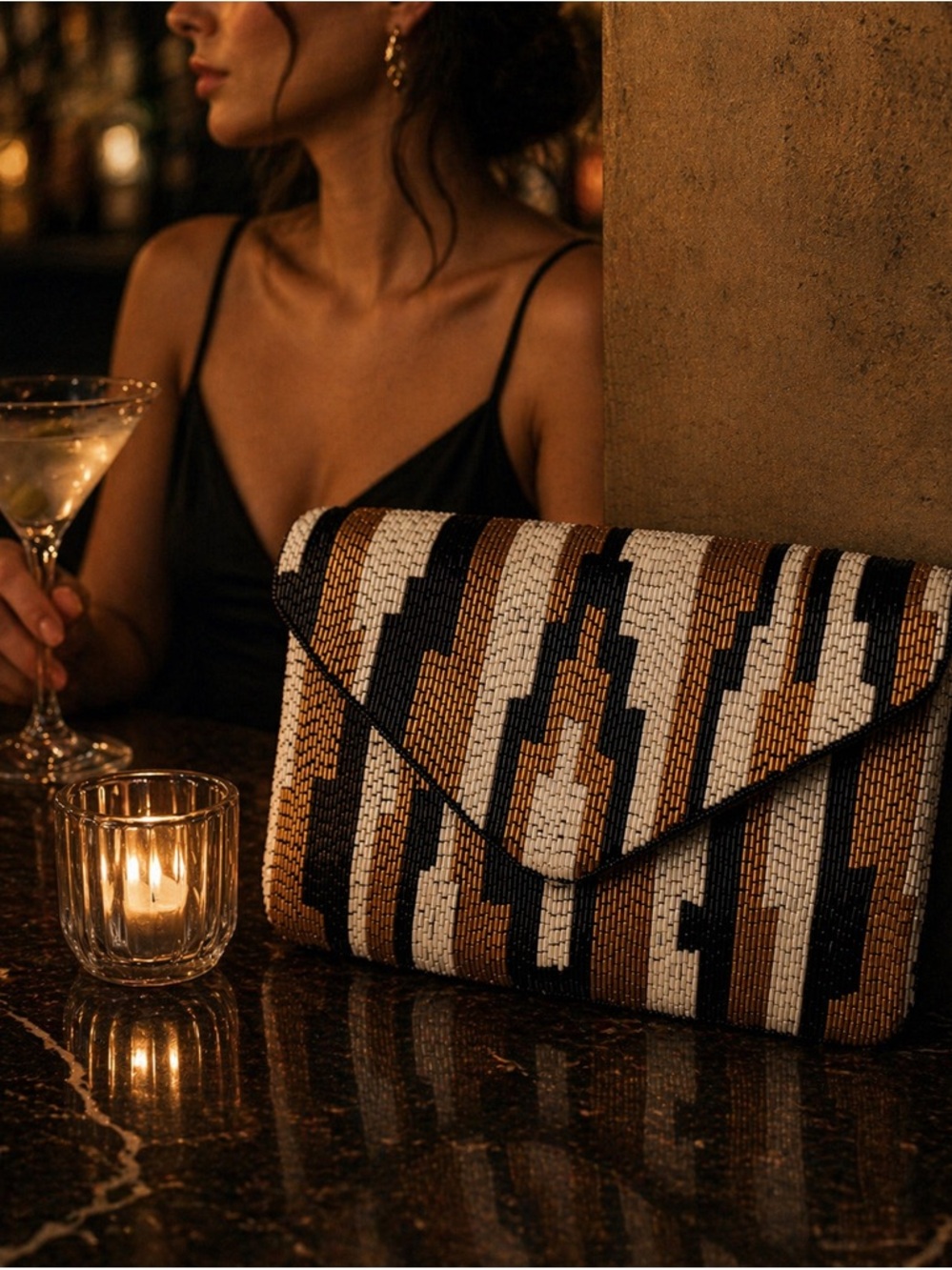 Beaded Envelope Clutch in Black, White & Brown